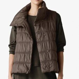 EILEEN FISHER Eggshell Recycled Nylon Stand Collar Vest, Wren Brown, XS